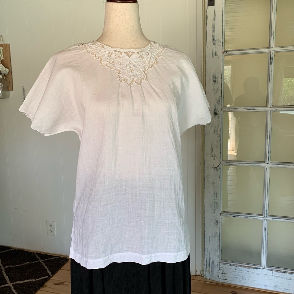 Antique handmade 100% linen top with 
 inlet embroidery